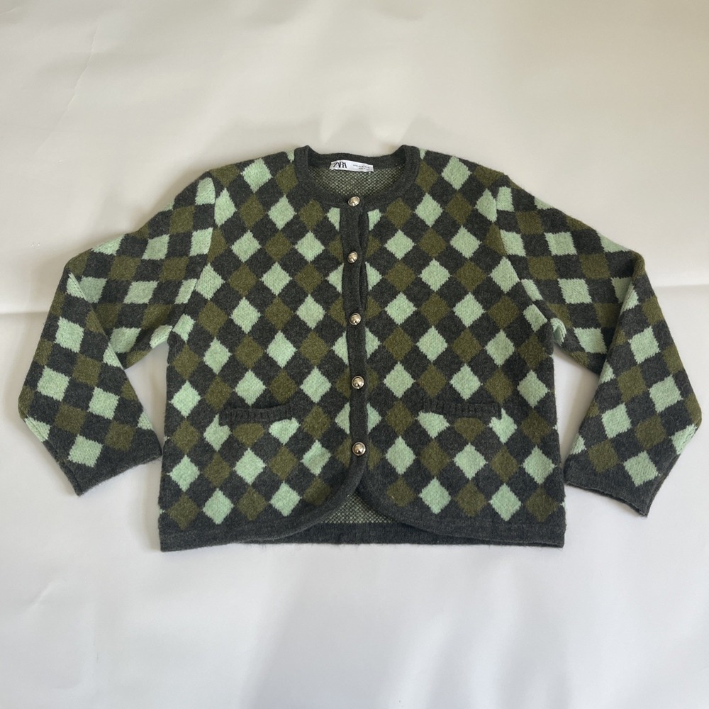 Zara Knit Diamond Jacquard Cardigan Green Multicolor Size XL